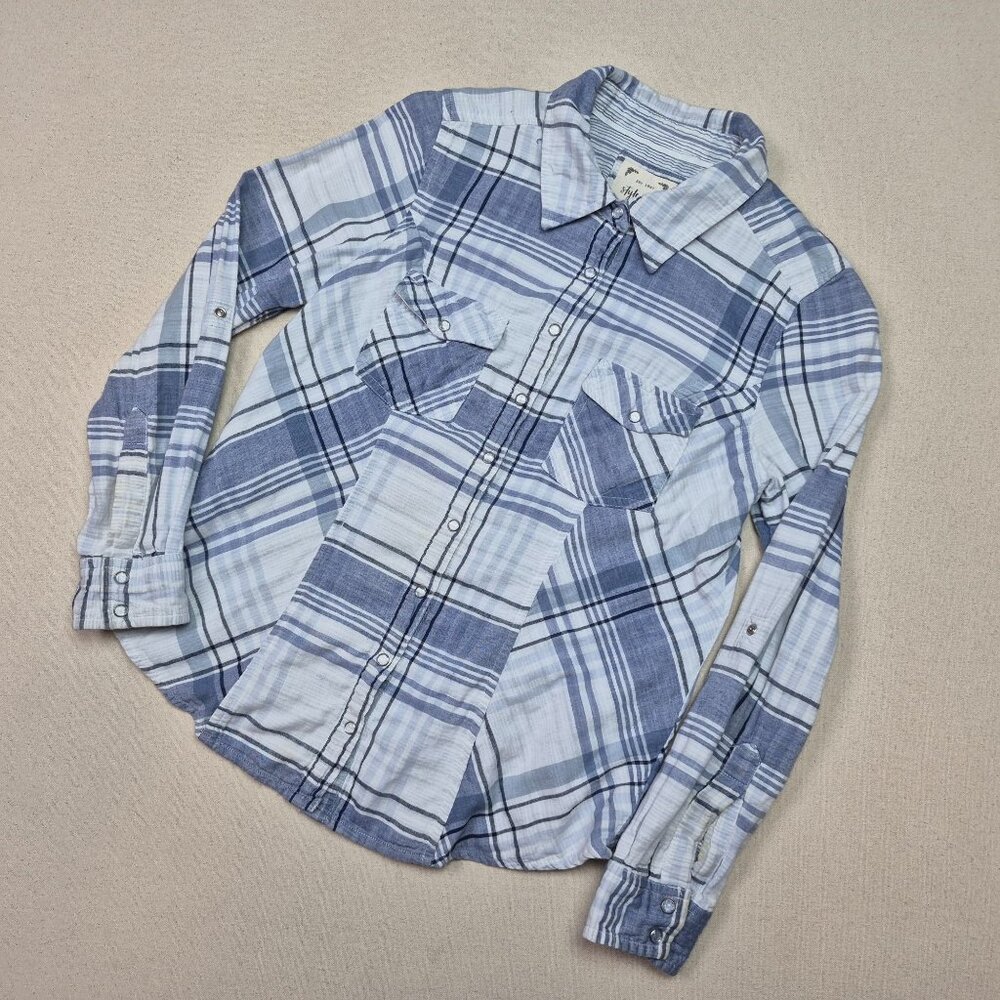 Style & Co Women's Pearl Snap Button Up Long Sleeve Blue/White Plaid Shirt Sz PM